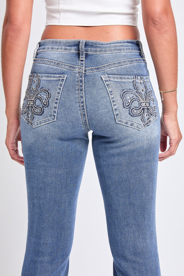 Women's Mid Rise Studded Fleur De Lis Bootcut Jeans