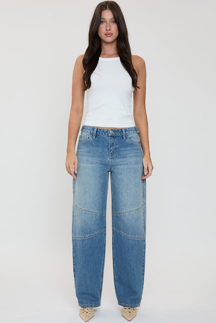 Women's Moto Relaxed Rise Baggy Barrel Jeans with Seam Detail