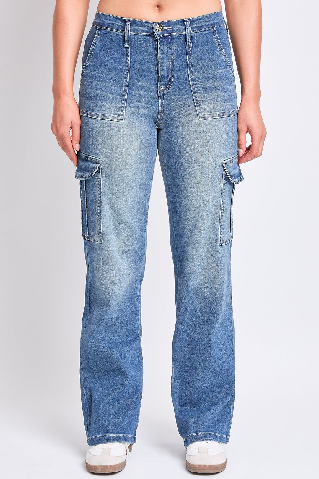 Women's High Rise Elastic Waist Cargo Straight  Jeans