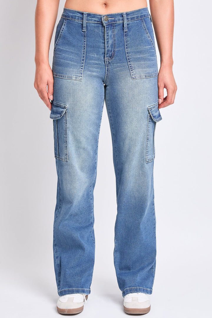 Women's High Rise Elastic Waist Cargo Straight  Jeans