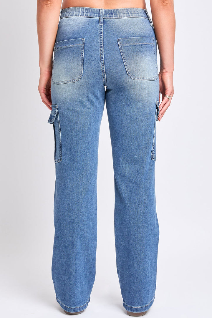 Women's High Rise Elastic Waist Cargo Straight  Jeans