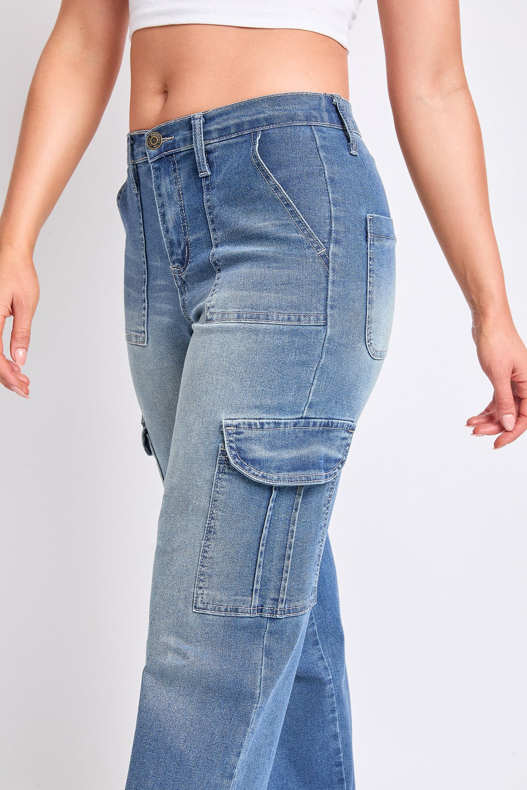 Women's High Rise Elastic Waist Cargo Straight  Jeans