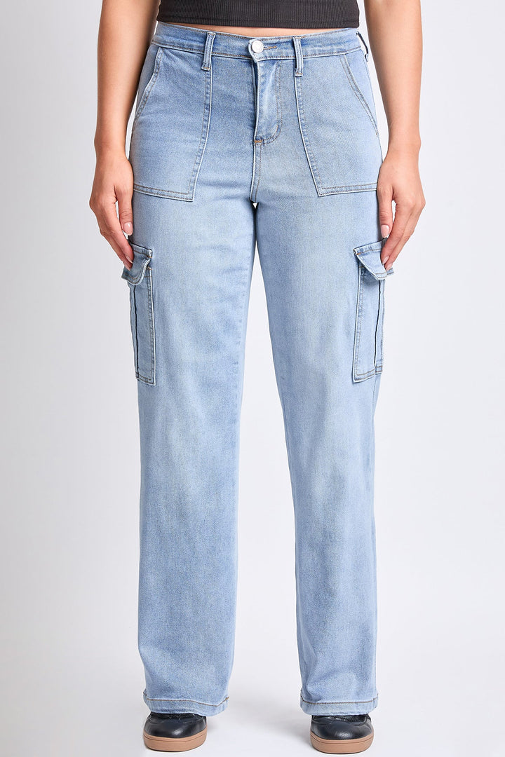 Women's High Rise Elastic Waist Cargo Straight  Jeans