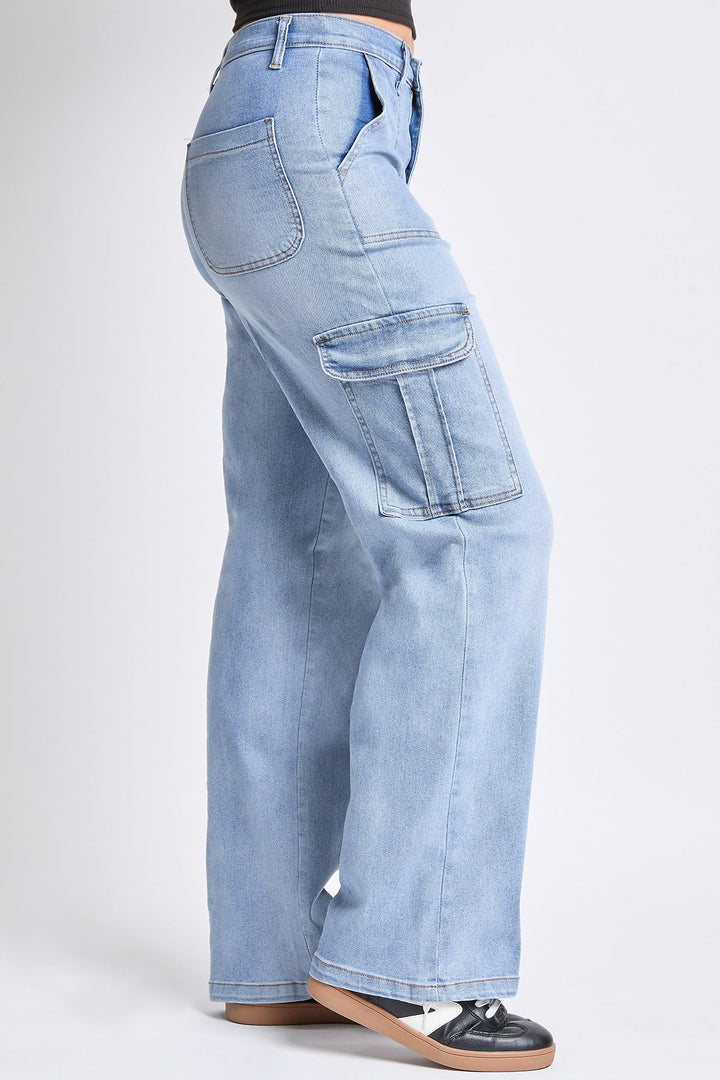 Women's High Rise Elastic Waist Cargo Straight  Jeans