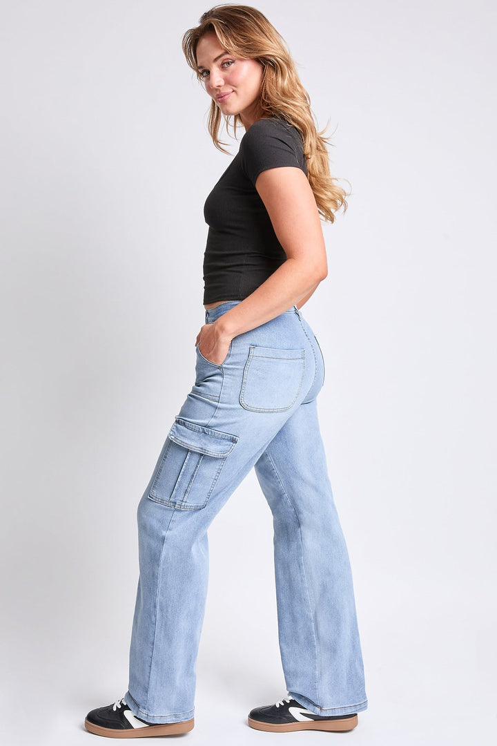 Women's High Rise Elastic Waist Cargo Straight  Jeans