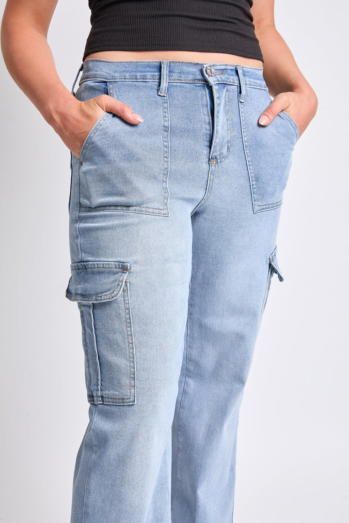 Women's High Rise Elastic Waist Cargo Straight  Jeans