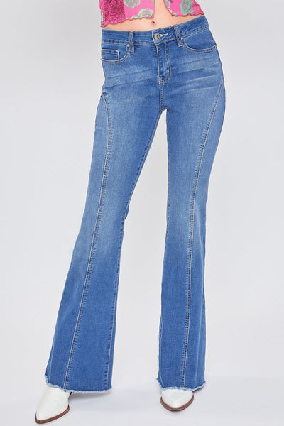 Women's Frayed Hem Flare Jeans With Curved Front Seam