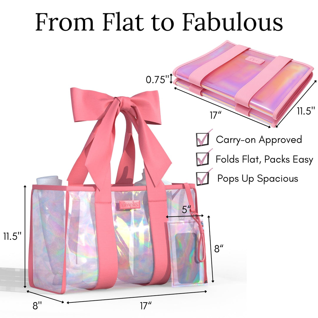BowMe Prism Tote with Phone Pouch – Lightweight, Waterproof, Tip-Proof, Foldable and Washable Tote Bag for Beach, Pool, Travel and Vacation (Prism Pink &amp; Prism Purple)
