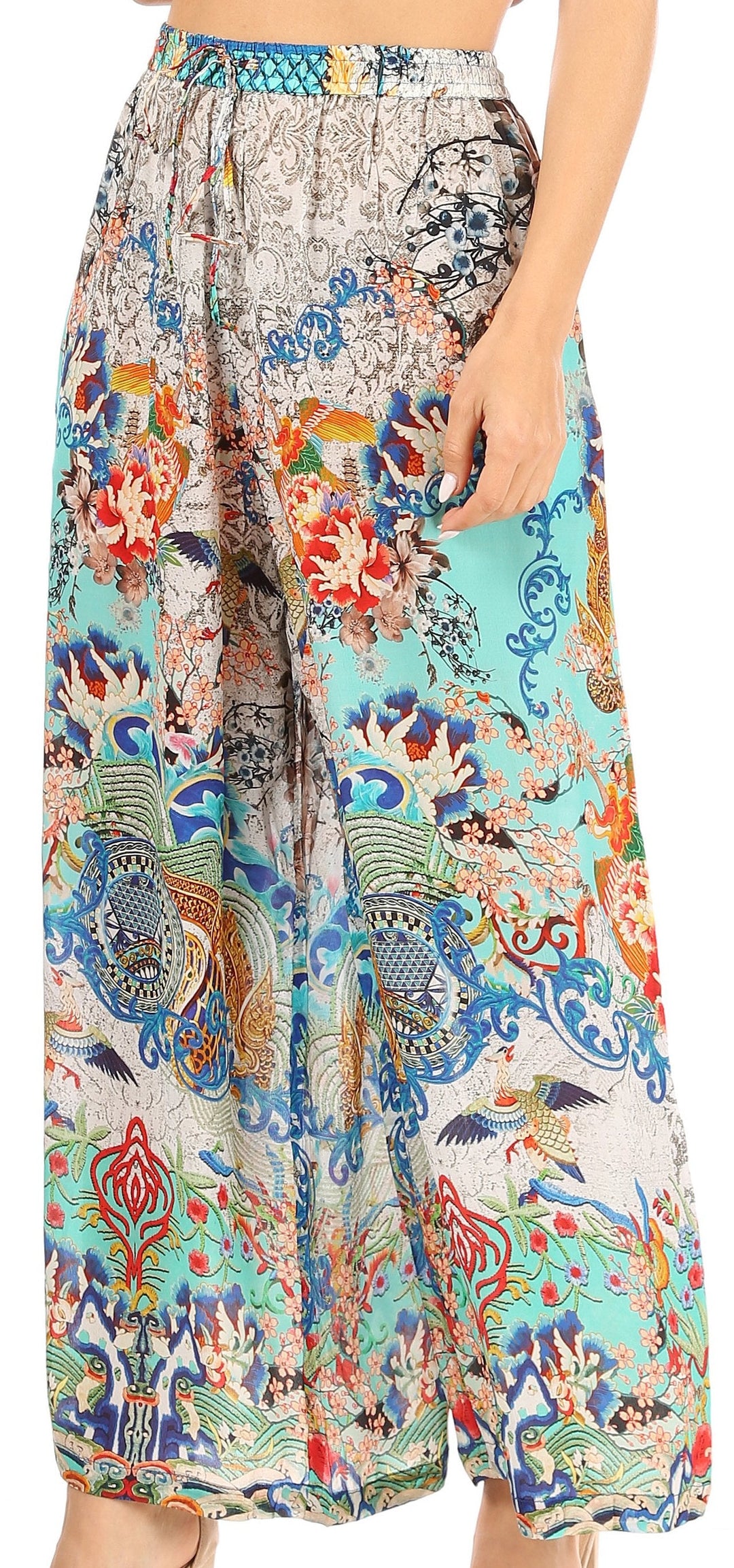 Sakkas Anie Women's Boho Casual Flowy Flare Palazzo Wide Leg Pants Floral Print