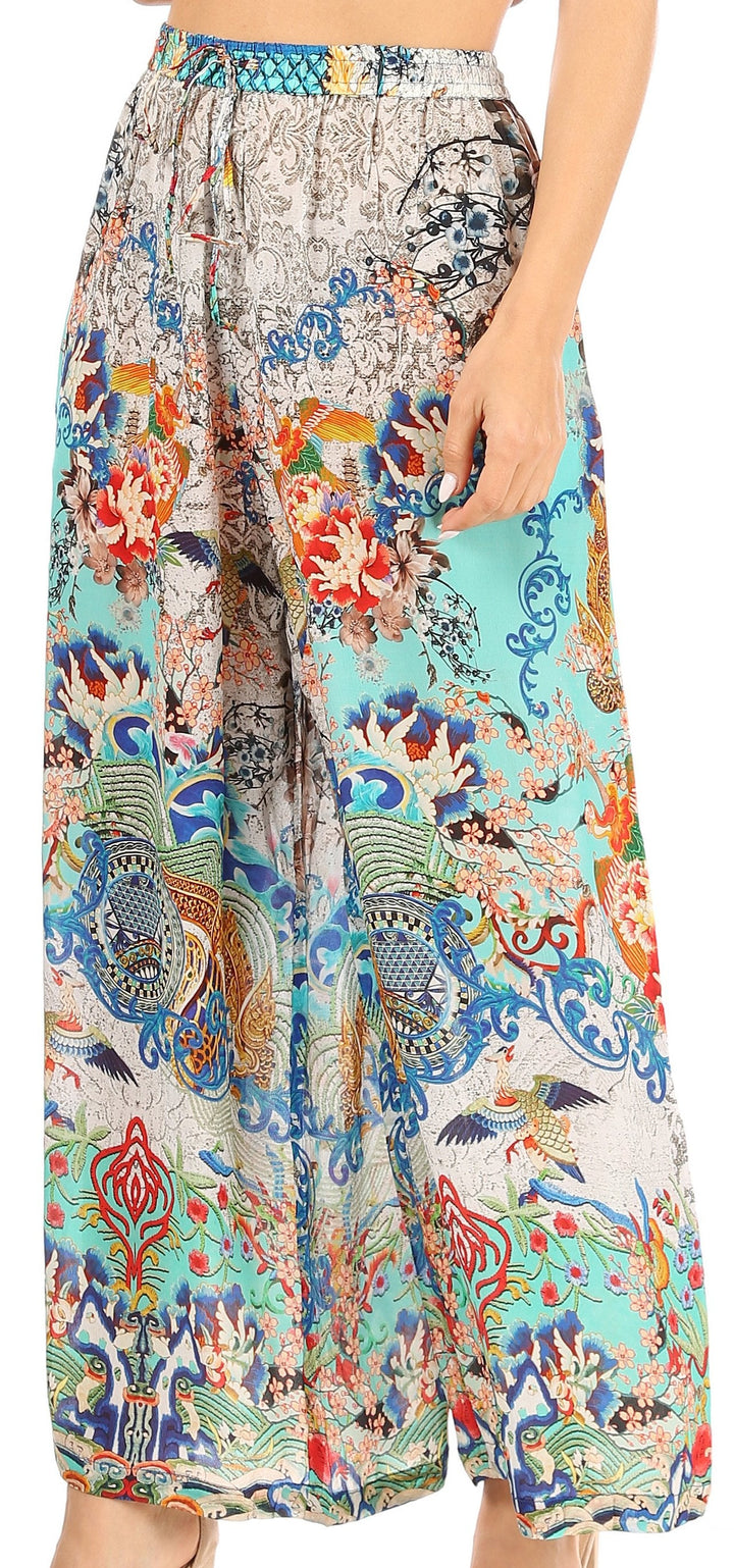 Sakkas Anie Women's Boho Casual Flowy Flare Palazzo Wide Leg Pants Floral Print