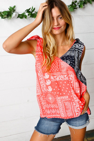 Coral & Navy Paisley Shoulder Tie Top - Sybaritic Bags & Clothing
