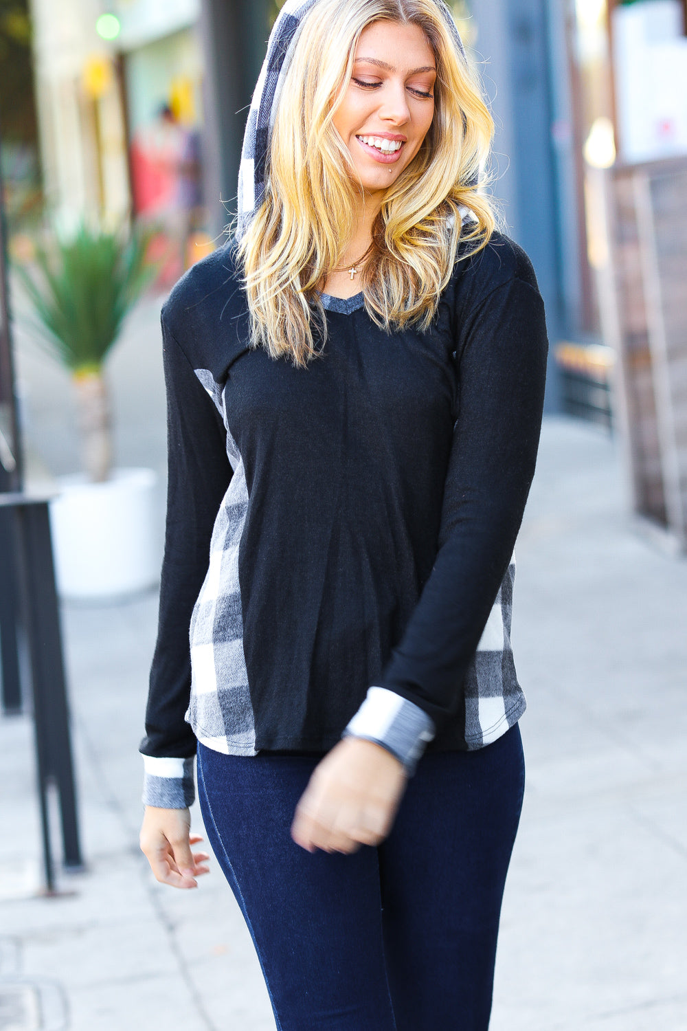 Adorable In Black & Ivory Plaid Hacci Knit Hoodie - Sybaritic Bags & Clothing