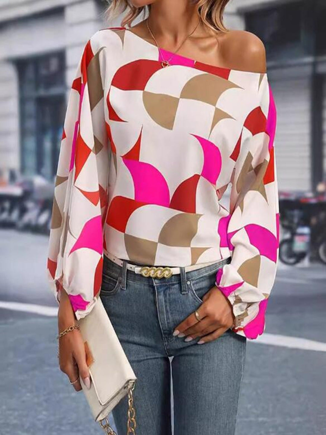 Geometric Print Lantern Sleeves Top