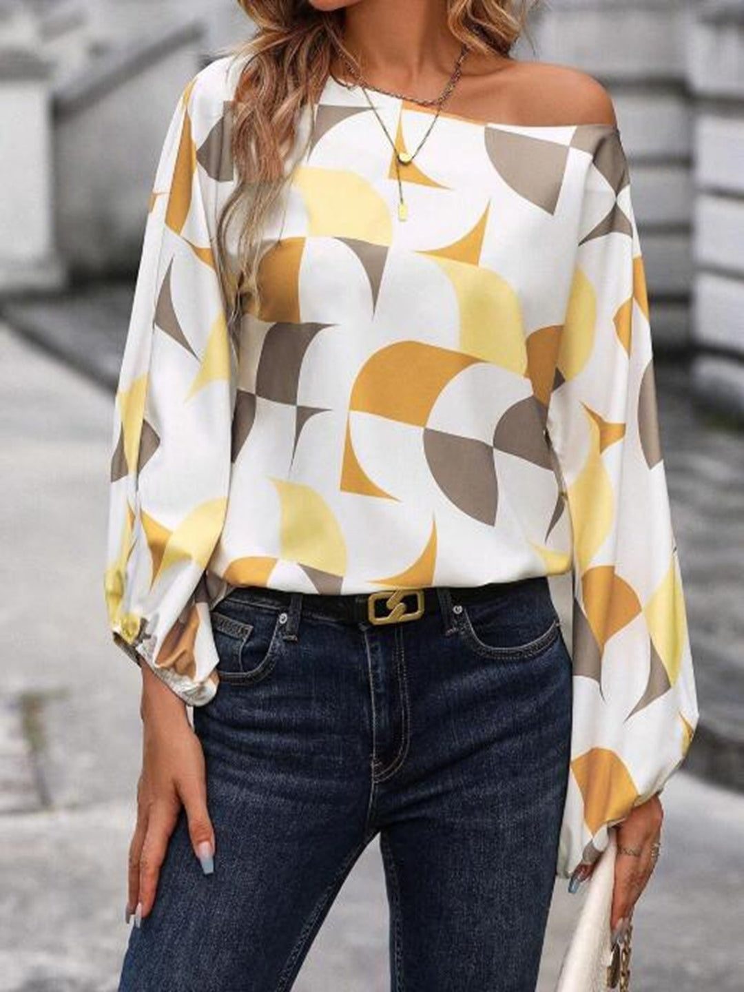 Geometric Print Lantern Sleeves Top
