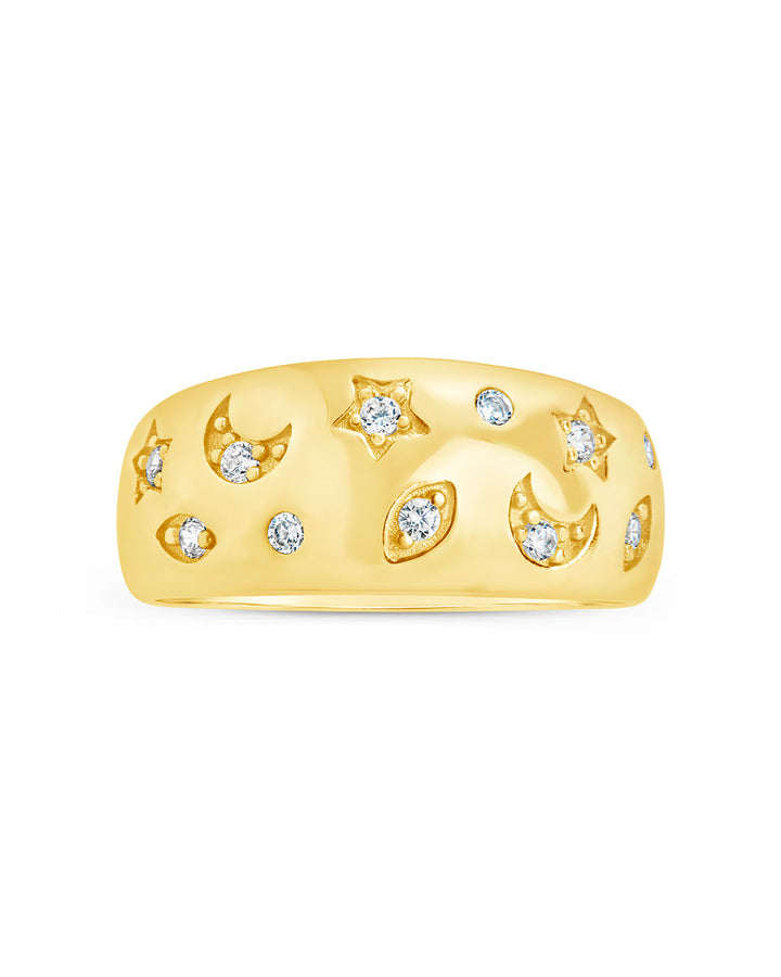 CZ Star and Crescent Bezel Dome Band Ring