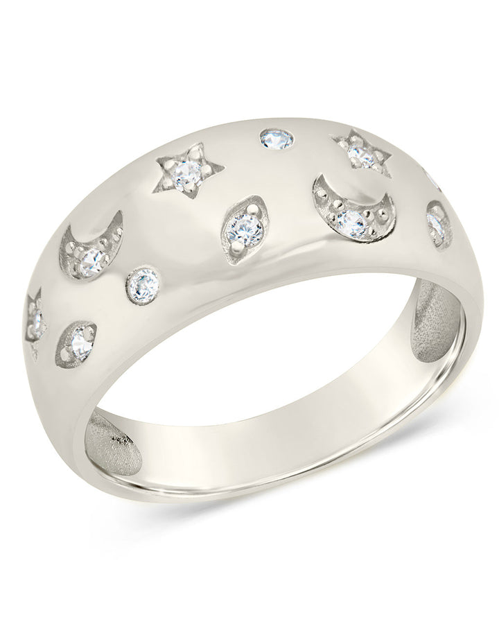 CZ Star and Crescent Bezel Dome Band Ring
