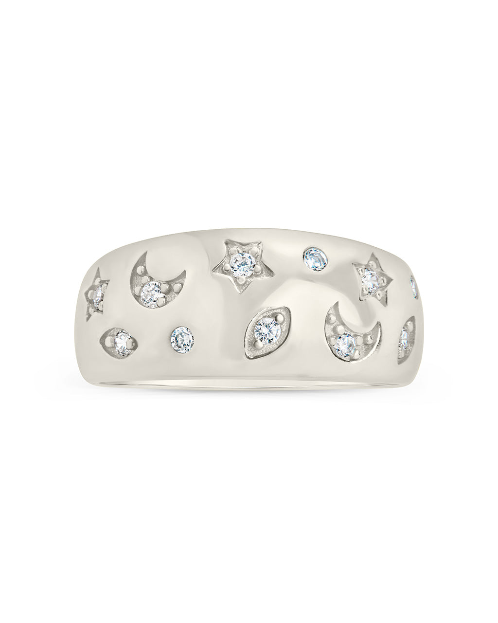 CZ Star and Crescent Bezel Dome Band Ring