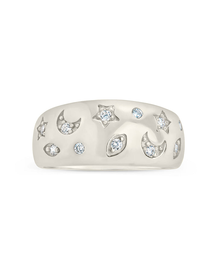 CZ Star and Crescent Bezel Dome Band Ring