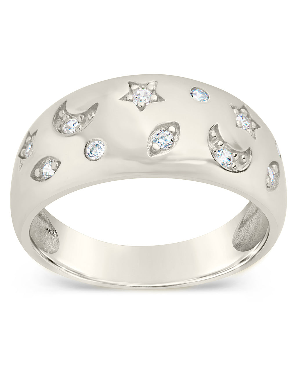 CZ Star and Crescent Bezel Dome Band Ring