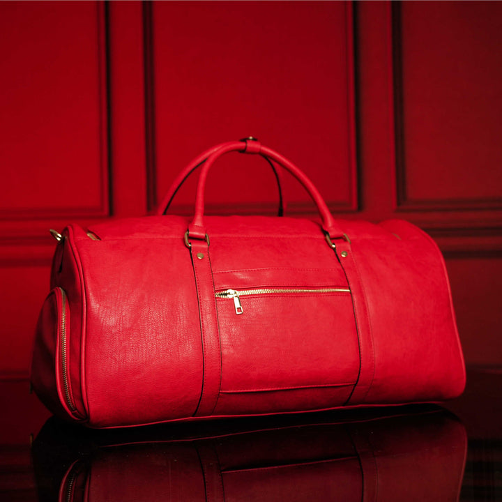 Red Tumbled Leather Weekender Duffle Bag
