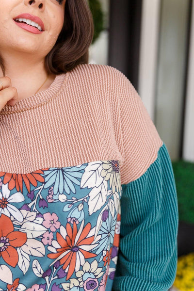 Close-up of floral color block top design