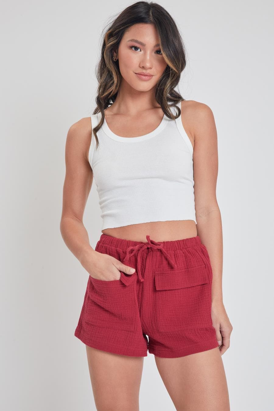 Women's Drawstring Textured Shorts With Pockets