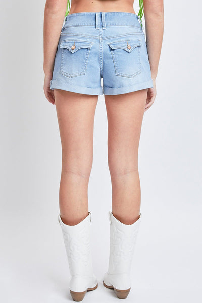 Women's  2-Button Denim Shorts with Flap Back Pockets and Cuffed Hems