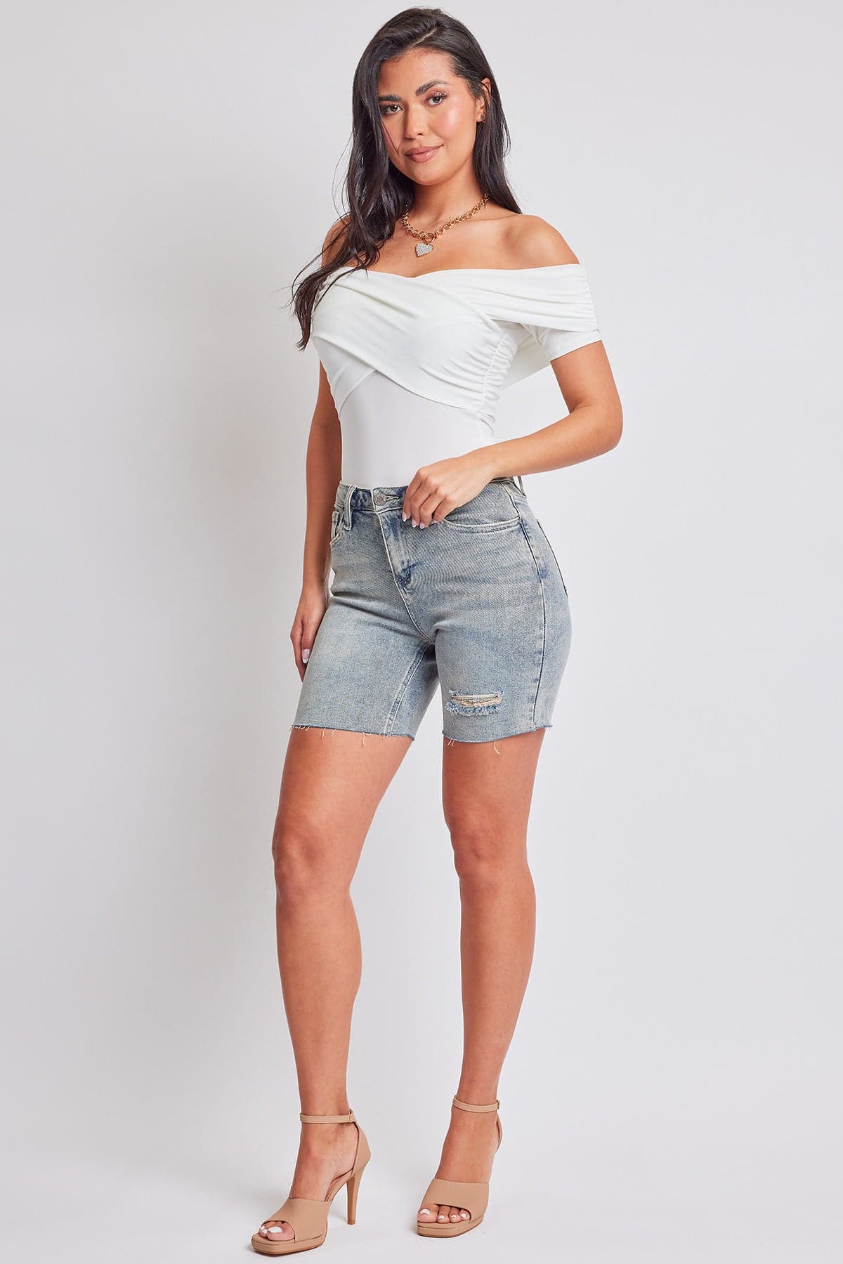 Women's High Rise Long Short Denim-Distressed