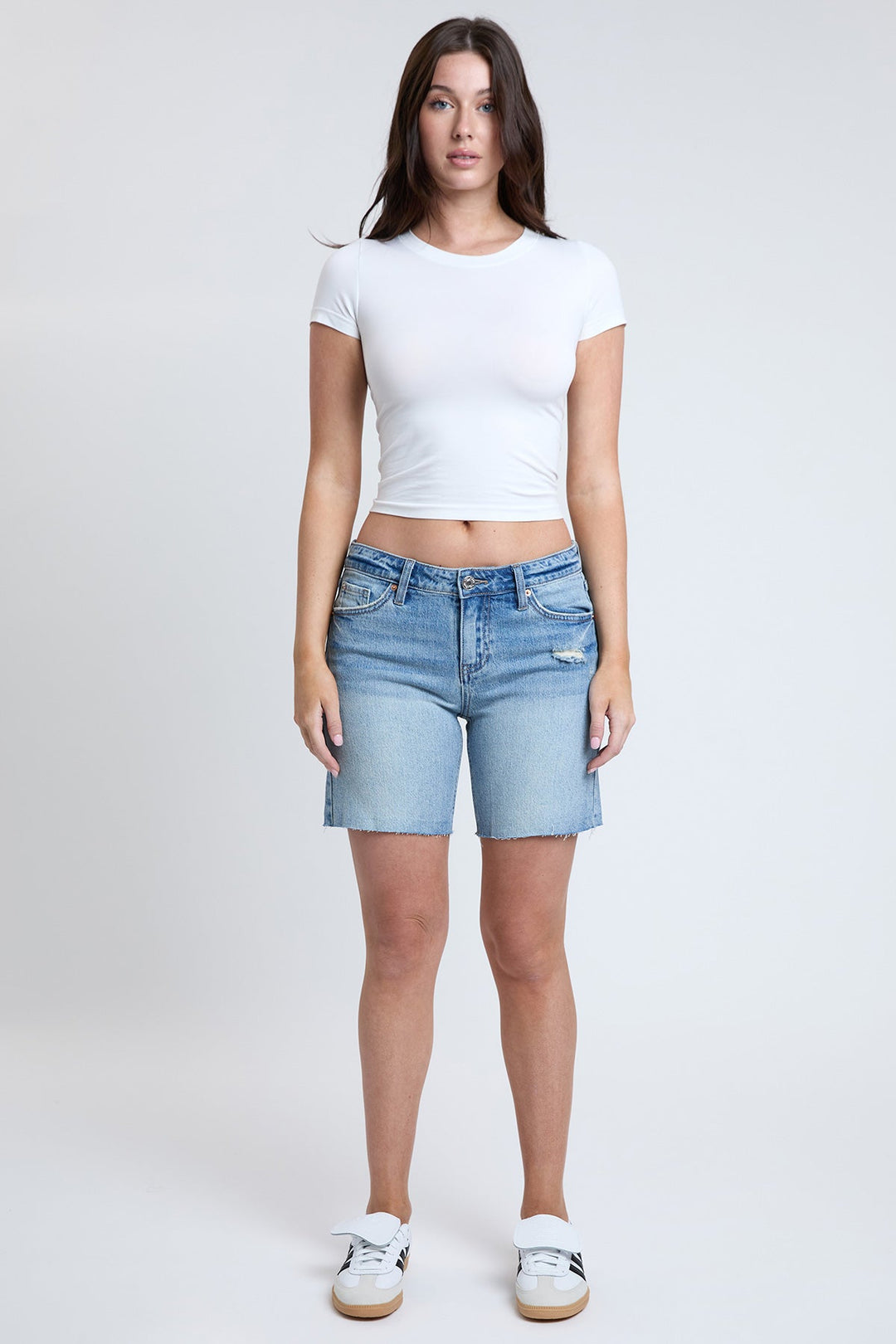 Women's Luxe Mid Rise Long Short with Raw Hem