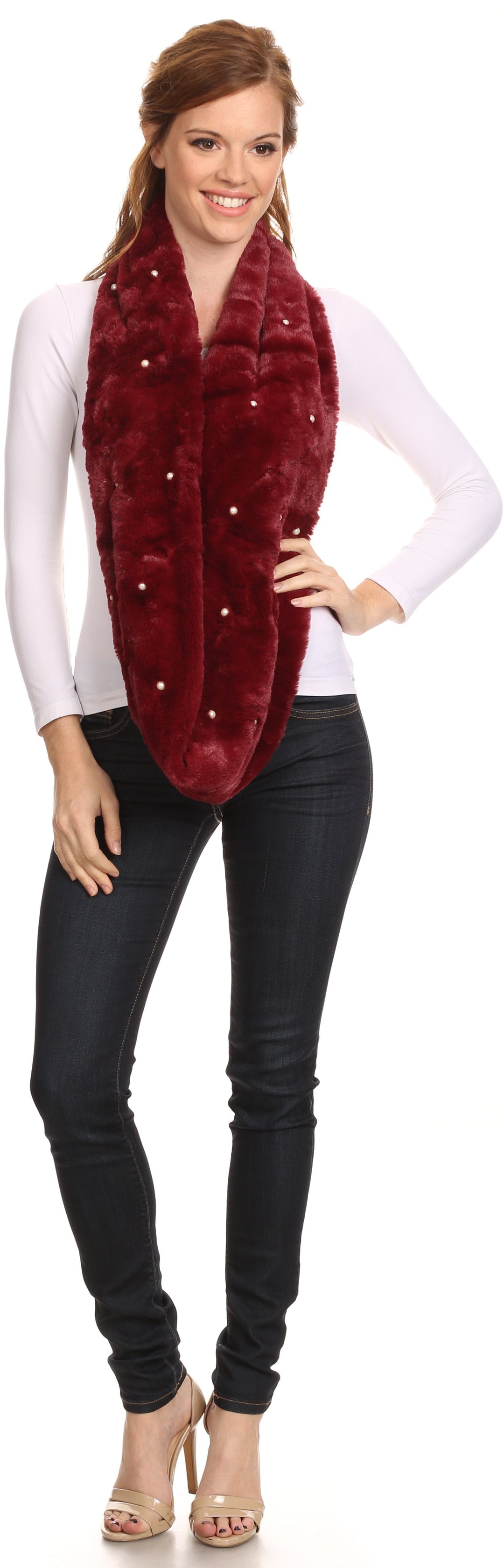 Sakkas Sabby Long Thin Faux Fur Pearl Embellishment Warm Soft Infinity Scarf