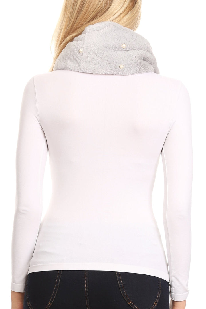 Sakkas Sabby Long Thin Faux Fur Pearl Embellishment Warm Soft Infinity Scarf