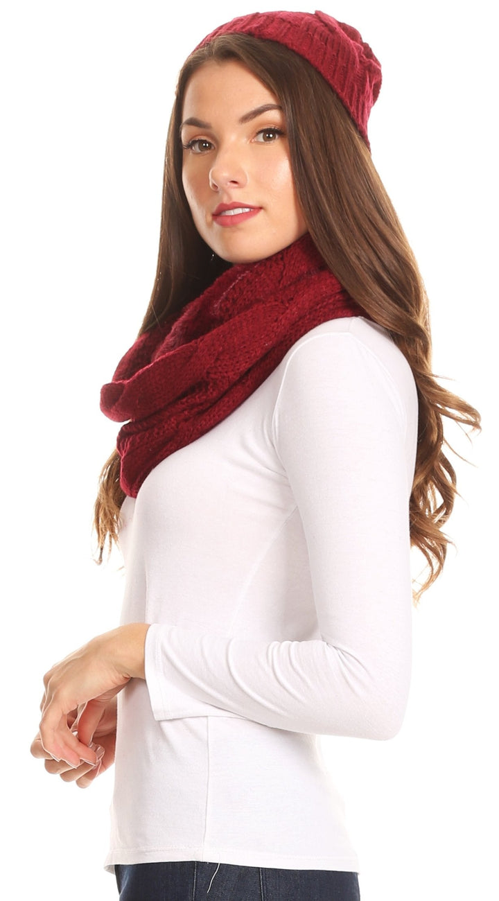 Sakkas Olliey Long Wide Classic Cable Knit Fur Lined Infinity Scarf And Hat Set