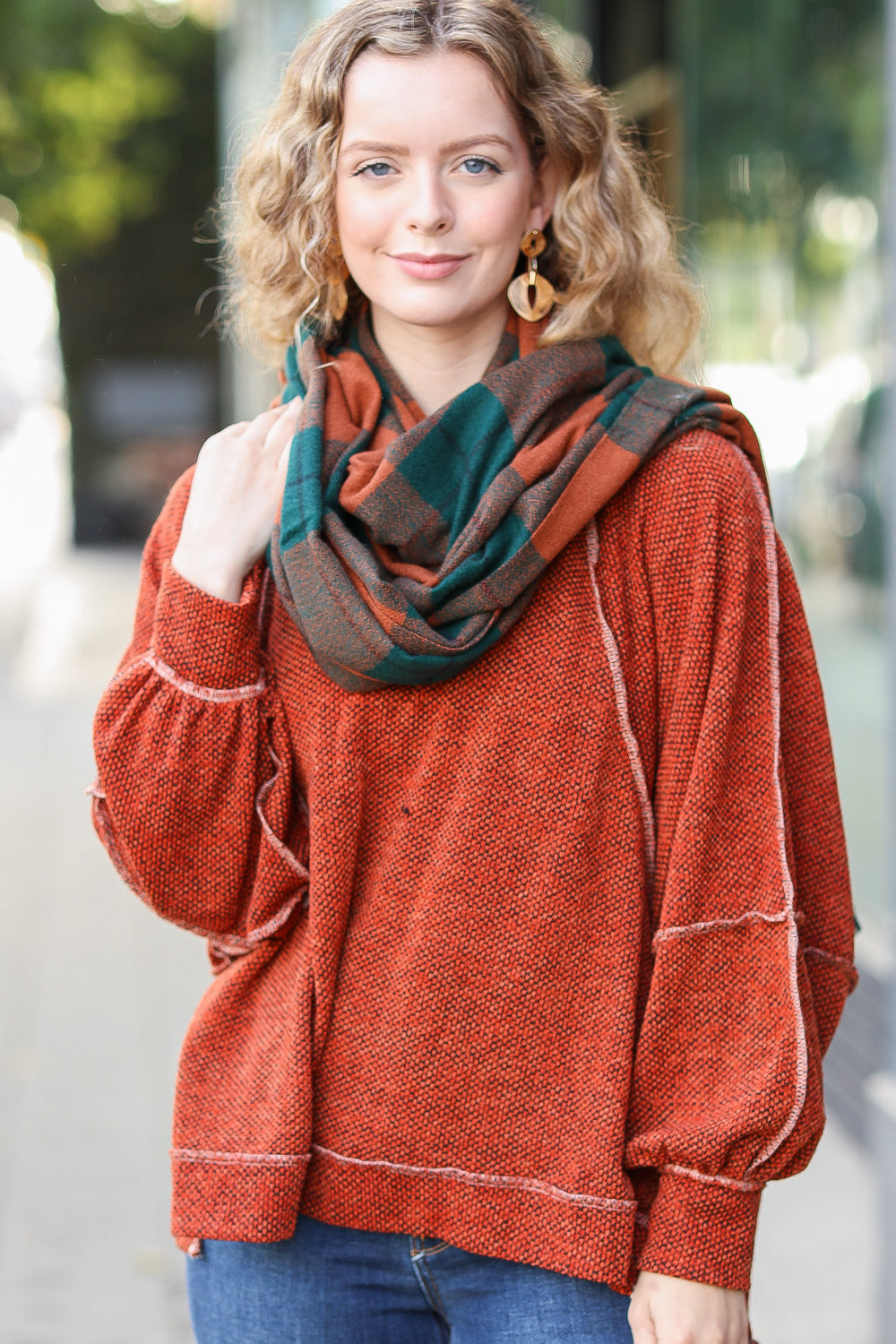 Rust & Green Plaid Frayed Scarf - Sybaritic Bags & Clothing