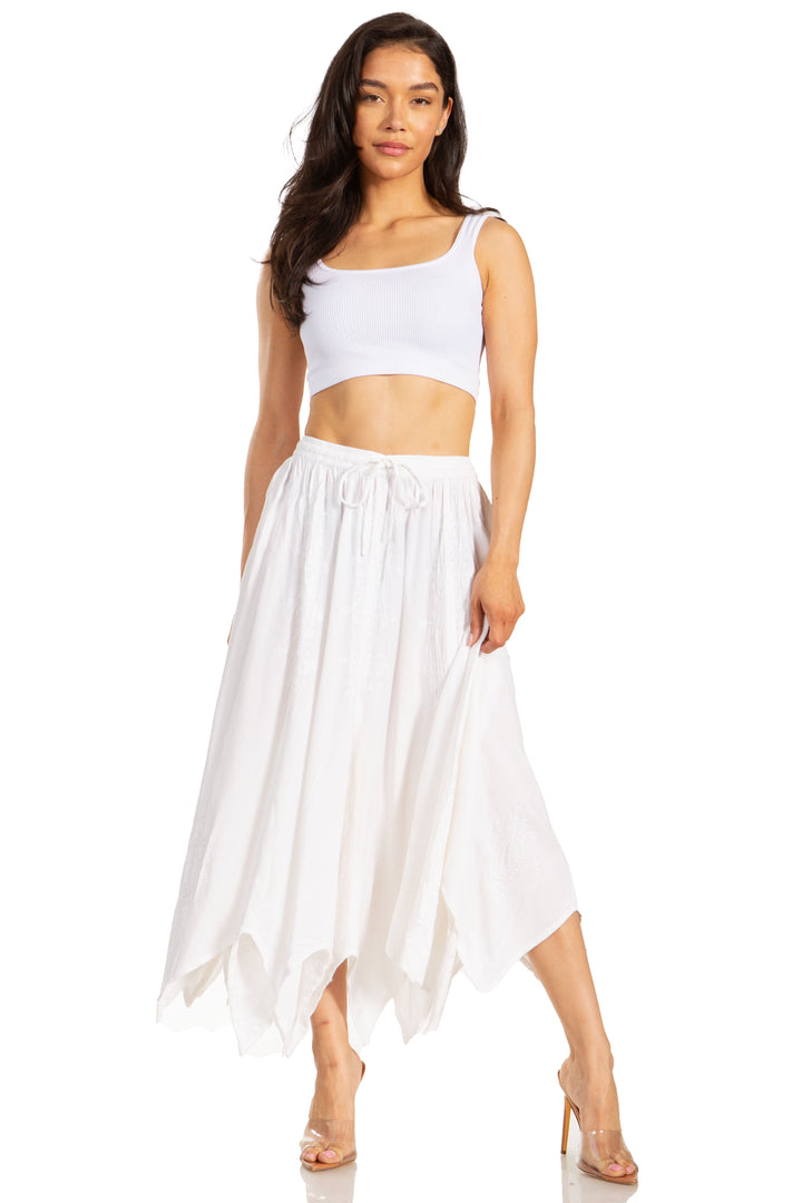 Sakkas Emery Womens Vintage Retro Maxi Rayon Embroidered Zigzag Hem Flowy Skirt