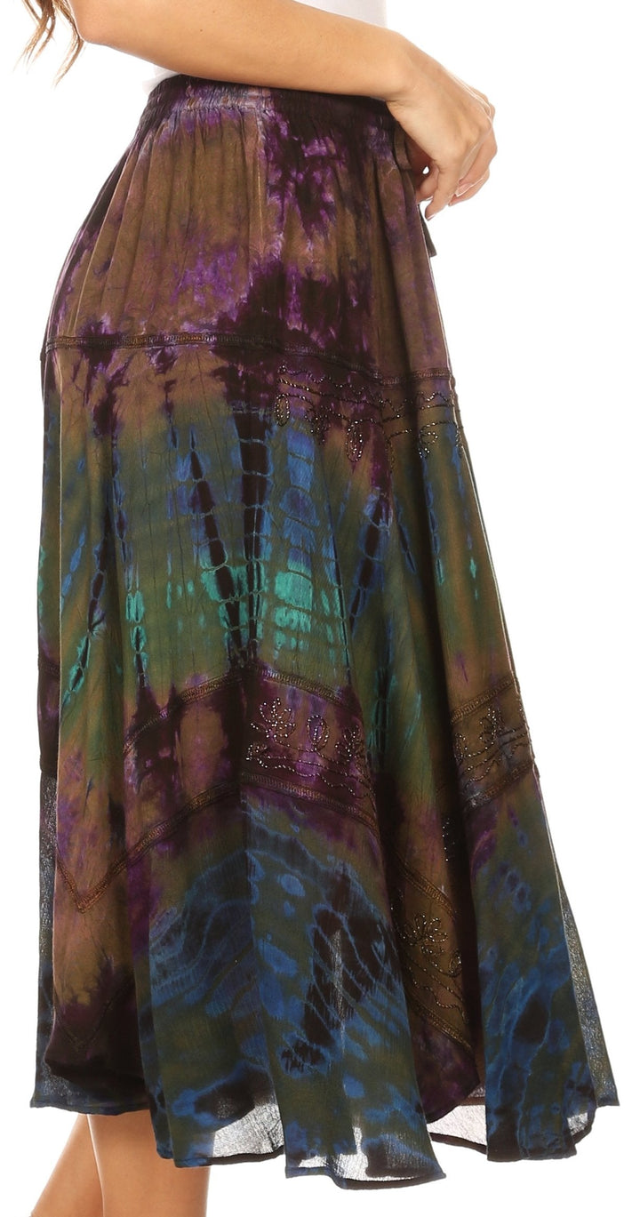 Sakkas Justina Womens Dance Midi Full Circle Tie-dye Skirt with Elastic Waist