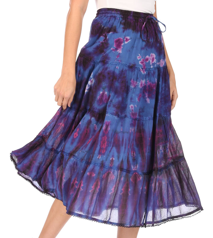 Sakkas Antonia Women's Skirt Tie Dye Boho Elastic Waist Adjustable Embroidery