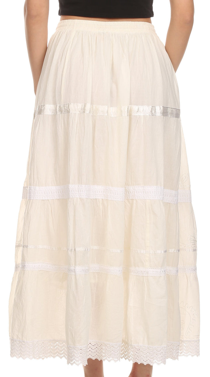 Sakkas Solid Embroidered Gypsy / Bohemian Full / Maxi / Long Cotton Skirt