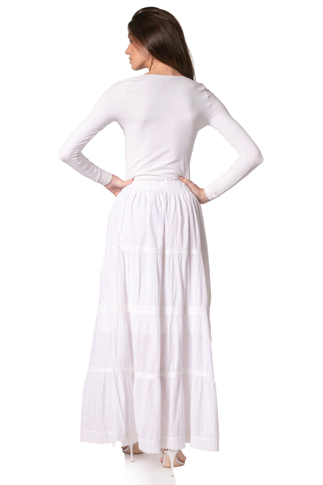 Sakkas Solid Embroidered Crochet Lace Trim Gypsy Bohemian Mid Length Cotton Skirt