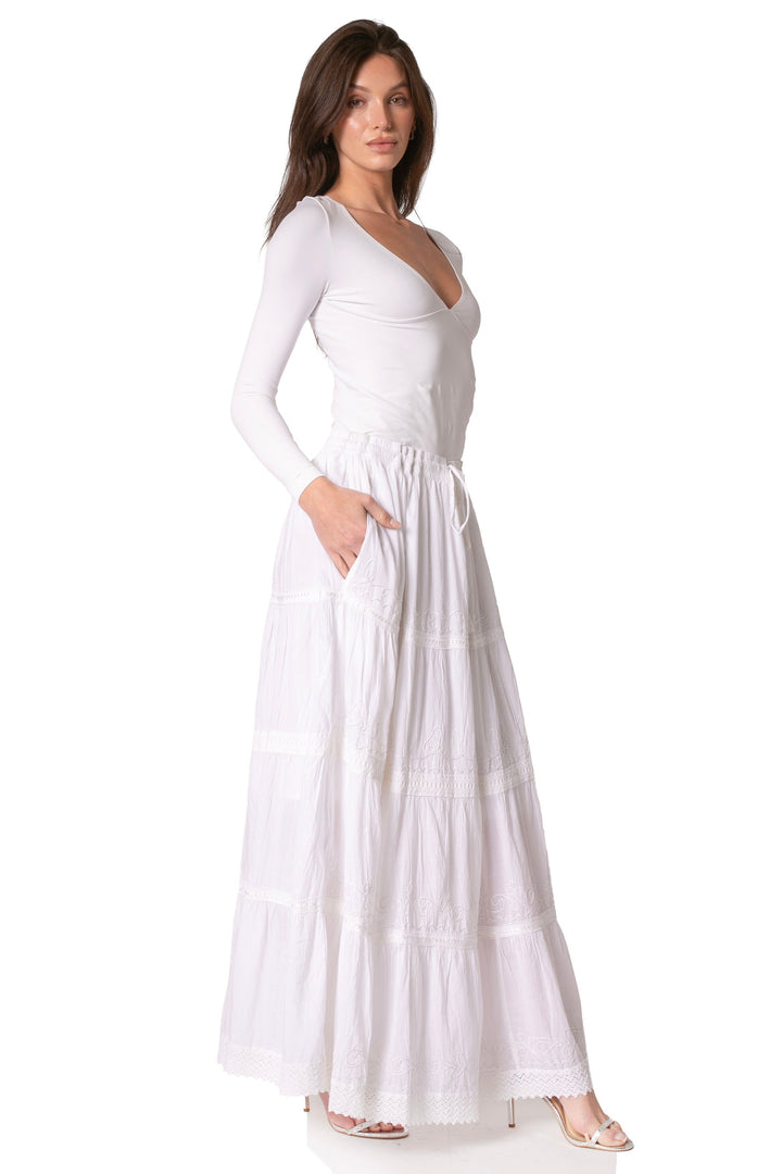 Sakkas Solid Embroidered Crochet Lace Trim Gypsy Bohemian Mid Length Cotton Skirt