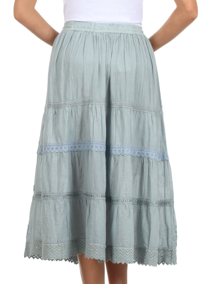 Sakkas Solid Embroidered Crochet Lace Trim Gypsy Bohemian Mid Length Cotton Skirt