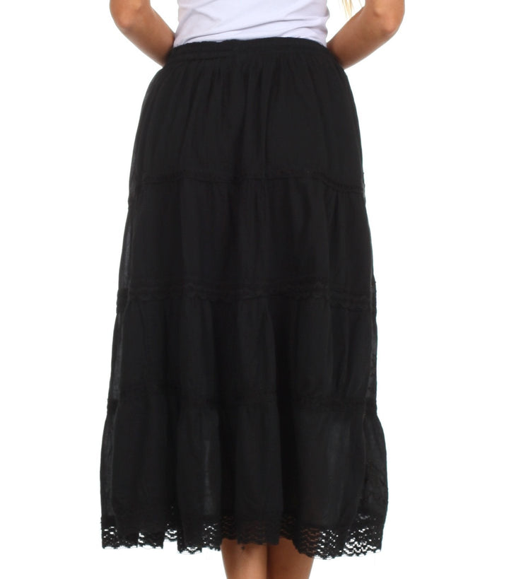 Sakkas Solid Embroidered Crochet Lace Trim Gypsy Bohemian Mid Length Cotton Skirt