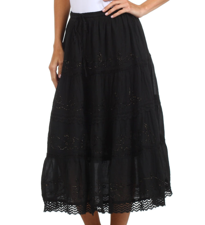 Sakkas Solid Embroidered Crochet Lace Trim Gypsy Bohemian Mid Length Cotton Skirt
