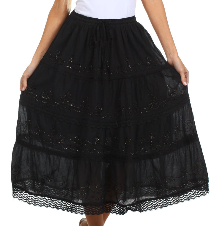 Sakkas Solid Embroidered Crochet Lace Trim Gypsy Bohemian Mid Length Cotton Skirt