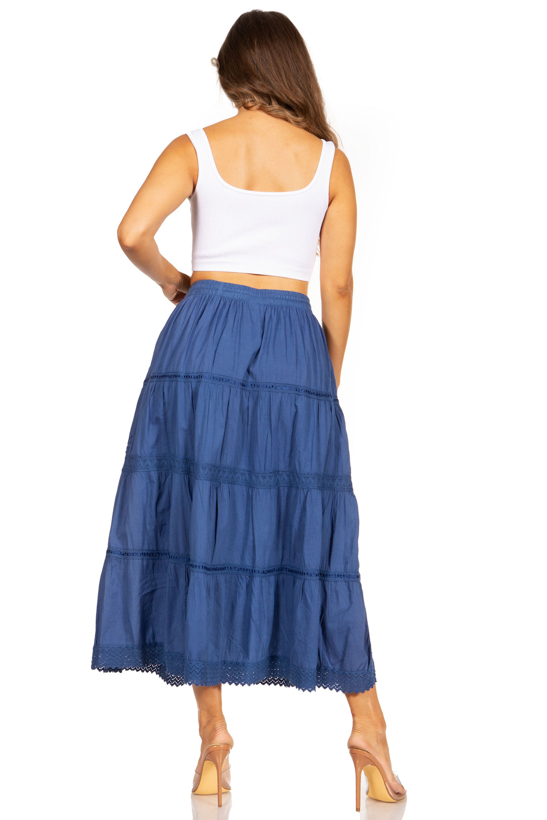 Sakkas Solid Embroidered Crochet Lace Trim Gypsy Bohemian Mid Length Cotton Skirt