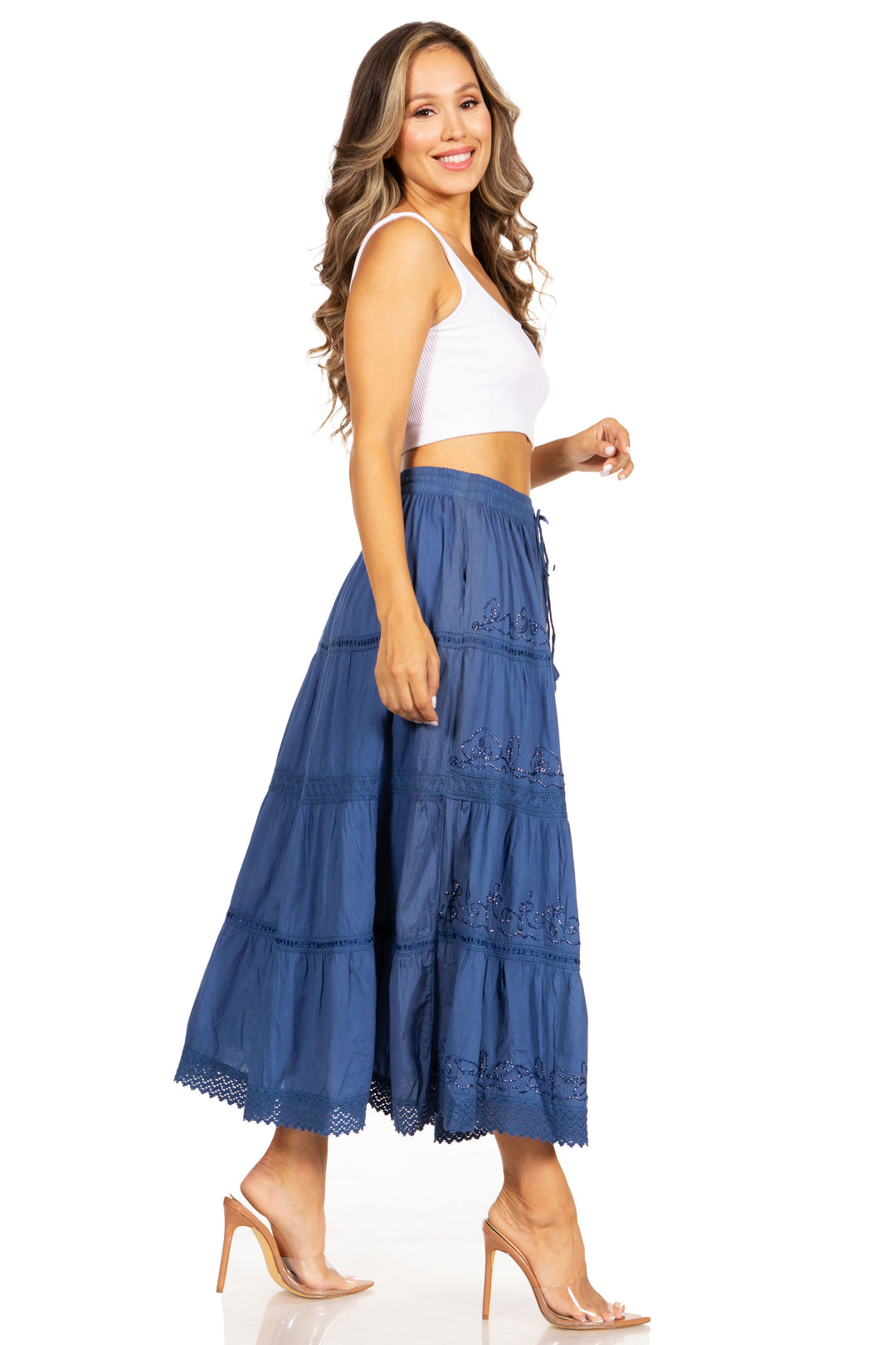 Sakkas Solid Embroidered Crochet Lace Trim Gypsy Bohemian Mid Length Cotton Skirt