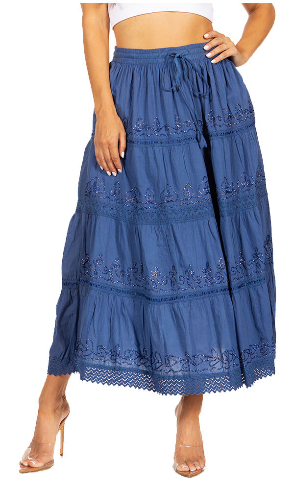 Sakkas Solid Embroidered Crochet Lace Trim Gypsy Bohemian Mid Length Cotton Skirt