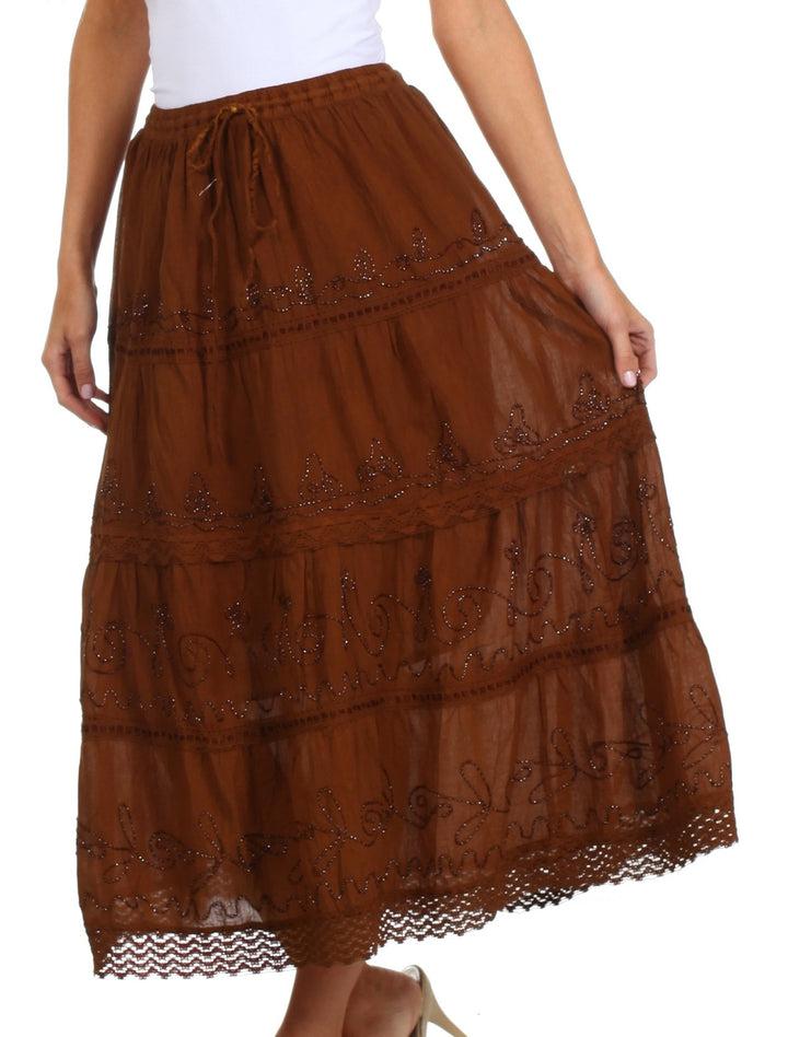 Sakkas Solid Embroidered Crochet Lace Trim Gypsy Bohemian Mid Length Cotton Skirt
