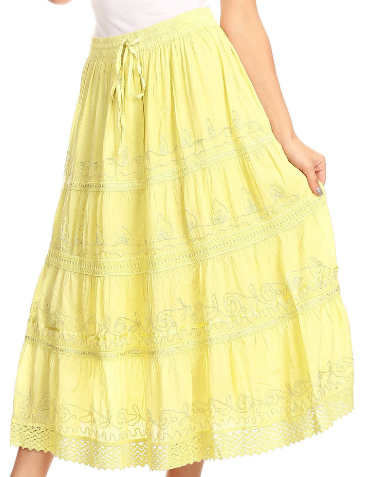 Sakkas Solid Embroidered Crochet Lace Trim Gypsy Bohemian Mid Length Cotton Skirt