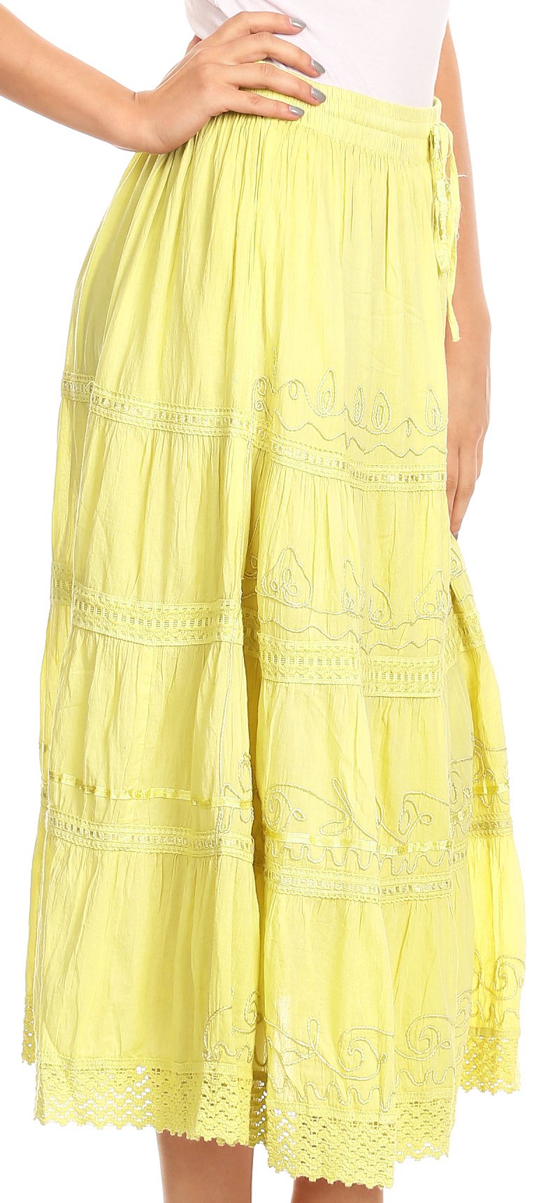 Sakkas Solid Embroidered Crochet Lace Trim Gypsy Bohemian Mid Length Cotton Skirt