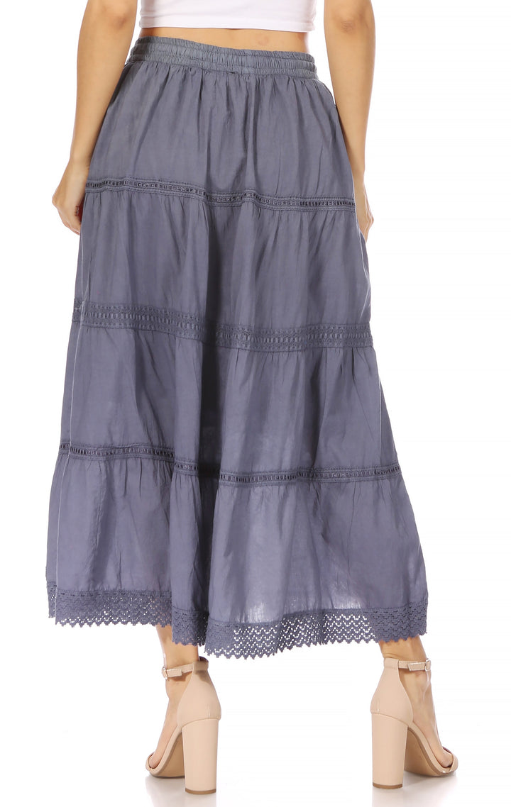 Sakkas Solid Embroidered Crochet Lace Trim Gypsy Bohemian Mid Length Cotton Skirt